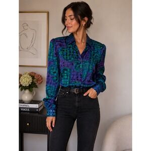 Vintage Gepetto Blue Purple Green Abstract Metallic Button Down Blouse XL USA